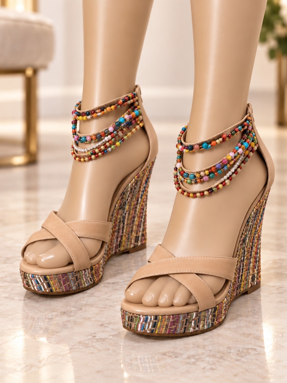 Beaded Ankle-Strap Tan Wedge Sandals